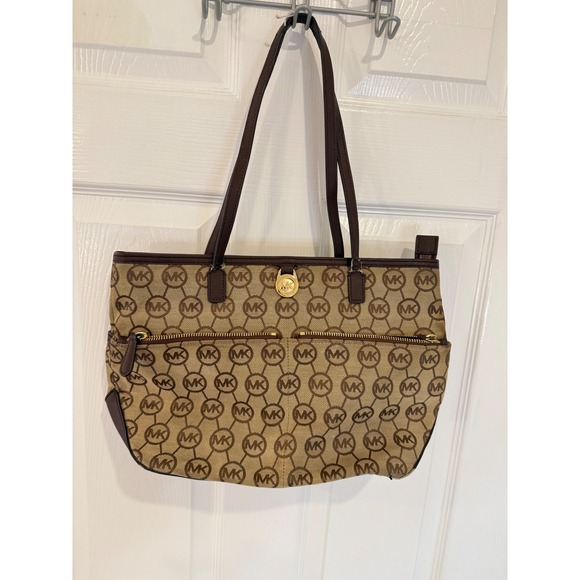 Michael Kors MK Logo Print Tote Bag Satchel Purse Handbag‎ Brown Beige - Picture 1 of 3